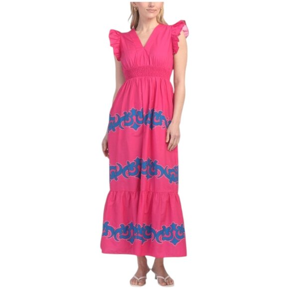 CELINA MOON Flutter Sleeve Border Print Maxi Dress - Picture 1 of 6